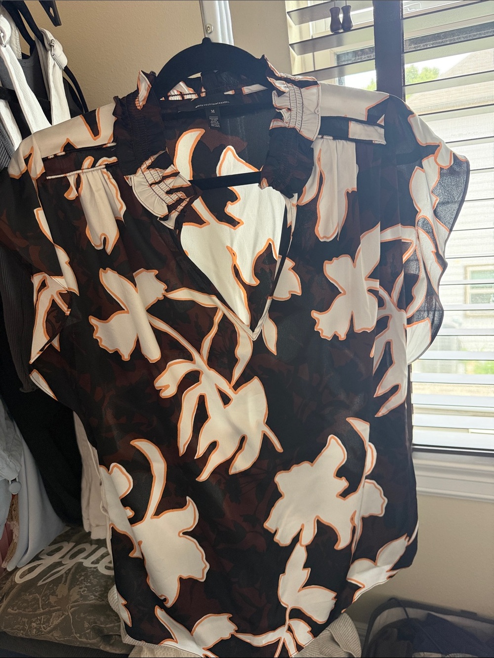 WHBM Sheer Floral V-Neck Blouse in Black and Cream with Orange Trim